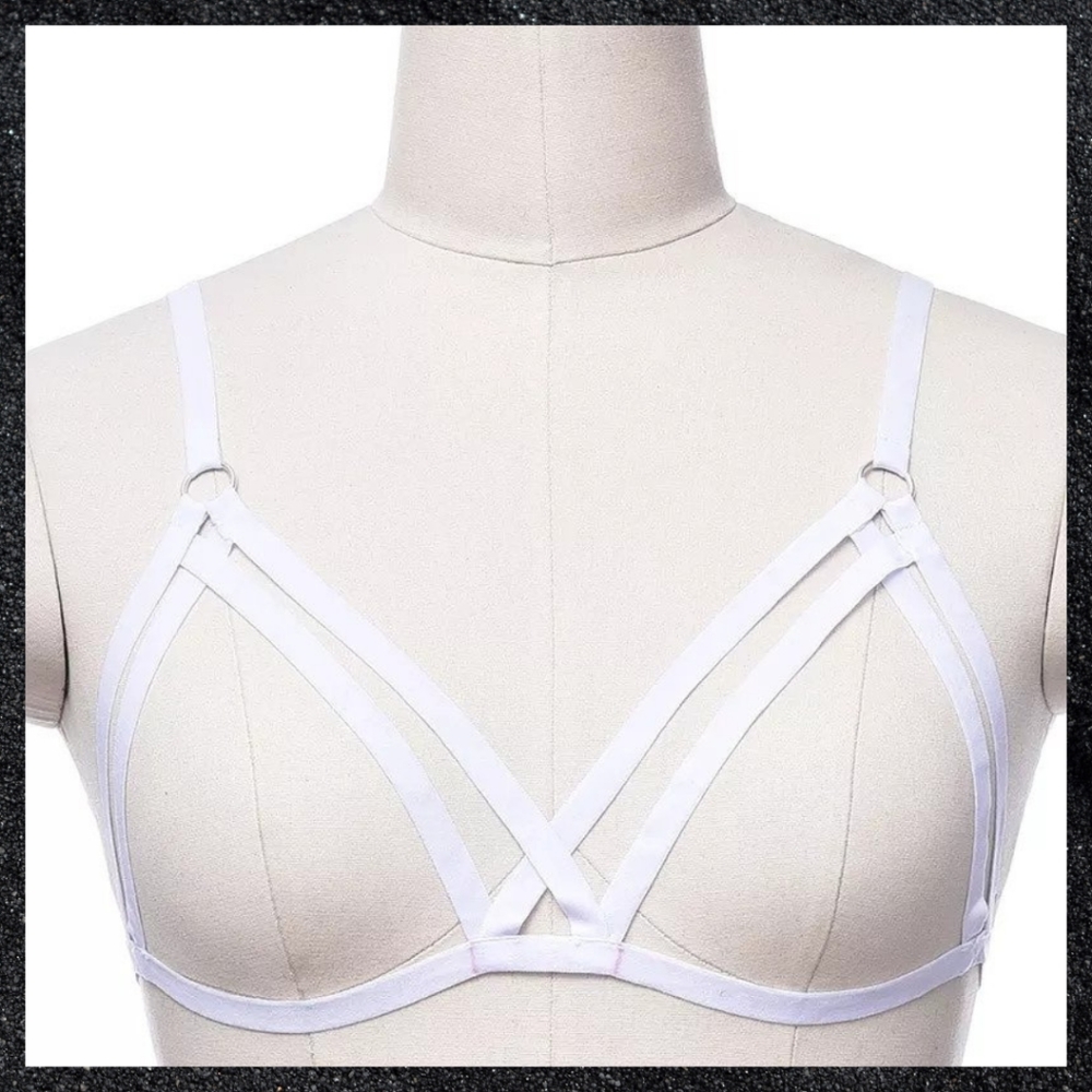 White Double Strappy Front Open Cup Harness Cupless Bralette